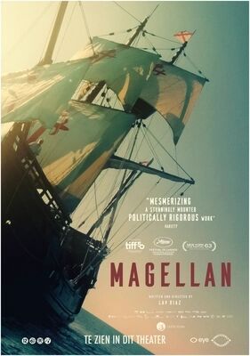 Historische filmposter van "Magellan" met een zeilschip op zee en een warme kleurfilter.